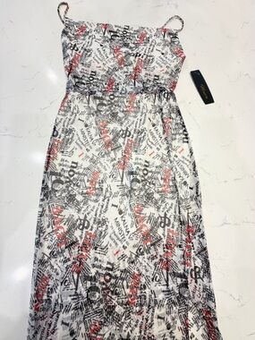 Spaghetti-Strap Printed Maxi Dress in White with Black & Red Accents